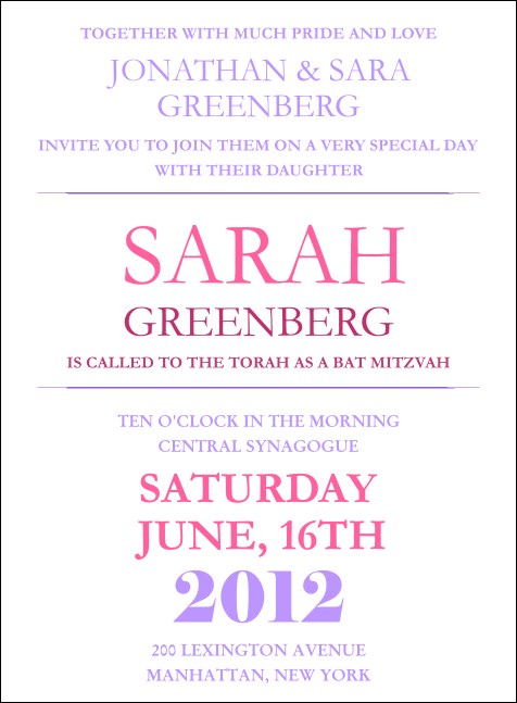 Bat Mitzvah Pink and Lavender Invitation